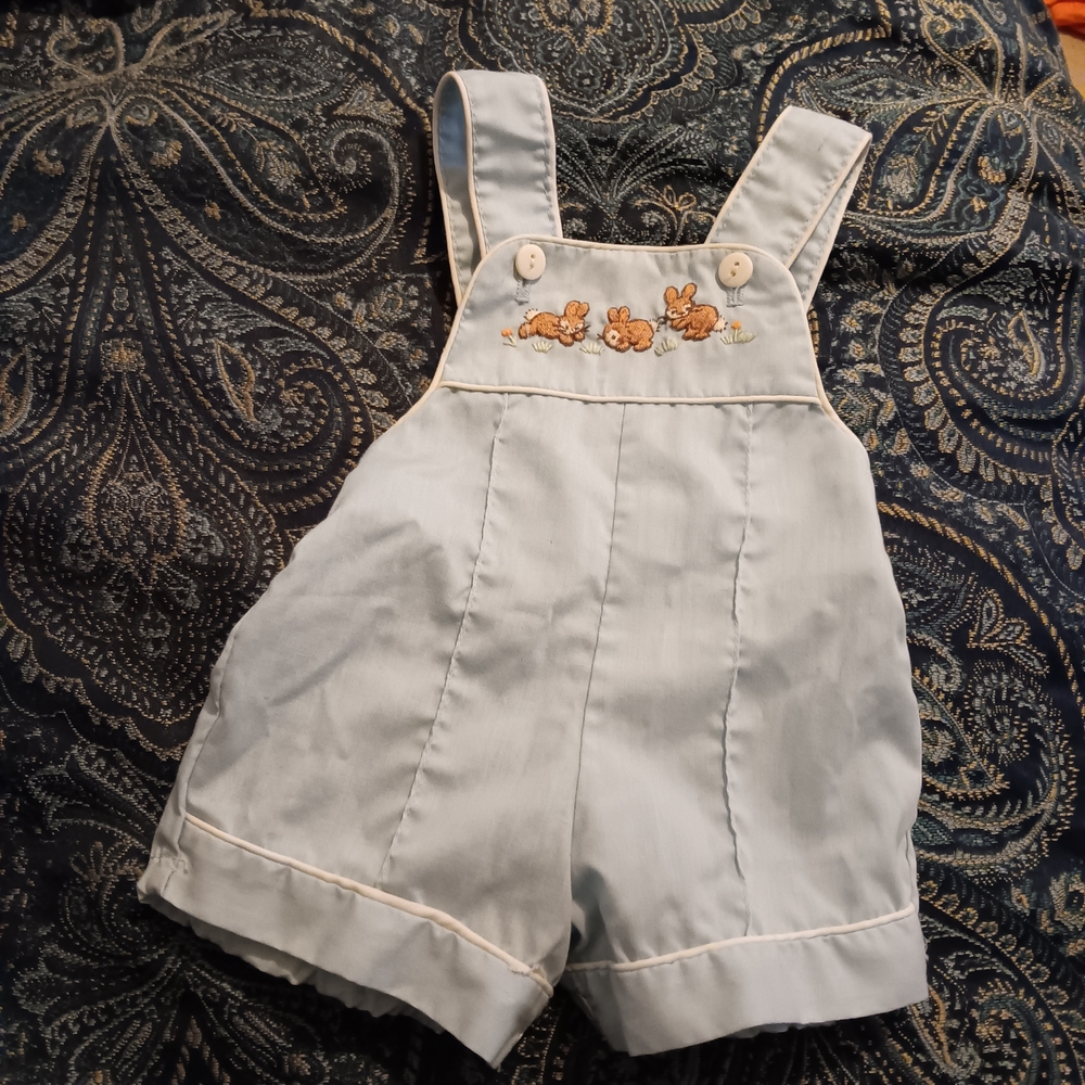 Vinyage Sky Blue Overalls For Baby with Embroidered Bunnies Perfect For Easter